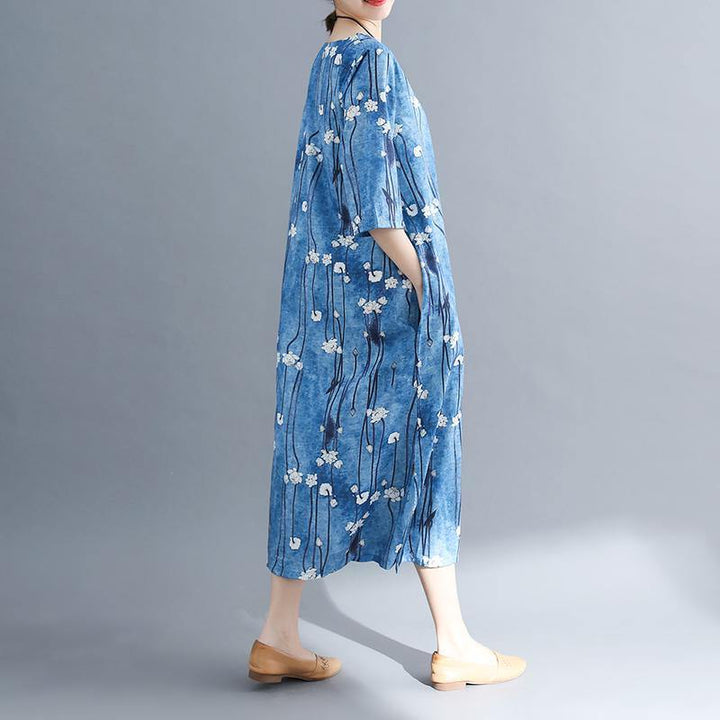 Floral Long Cotton Dress – Plus Size Batwing Sleeve O-Neck Everyday Maxi