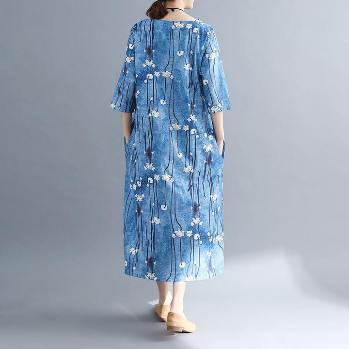 Floral Long Cotton Dress – Plus Size Batwing Sleeve O-Neck Everyday Maxi