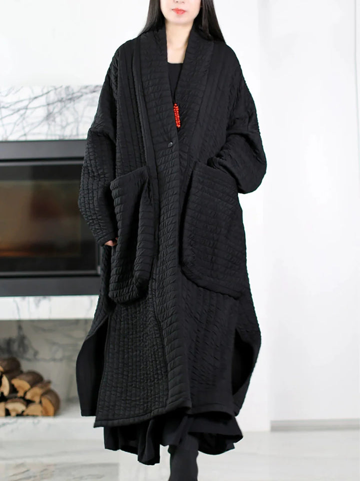 Plus Size Padded Long Coat – V-Neck Minimalist Autumn Layer