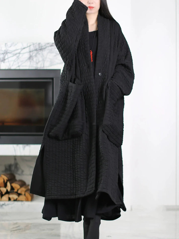 Plus Size Padded Long Coat – V-Neck Minimalist Autumn Layer