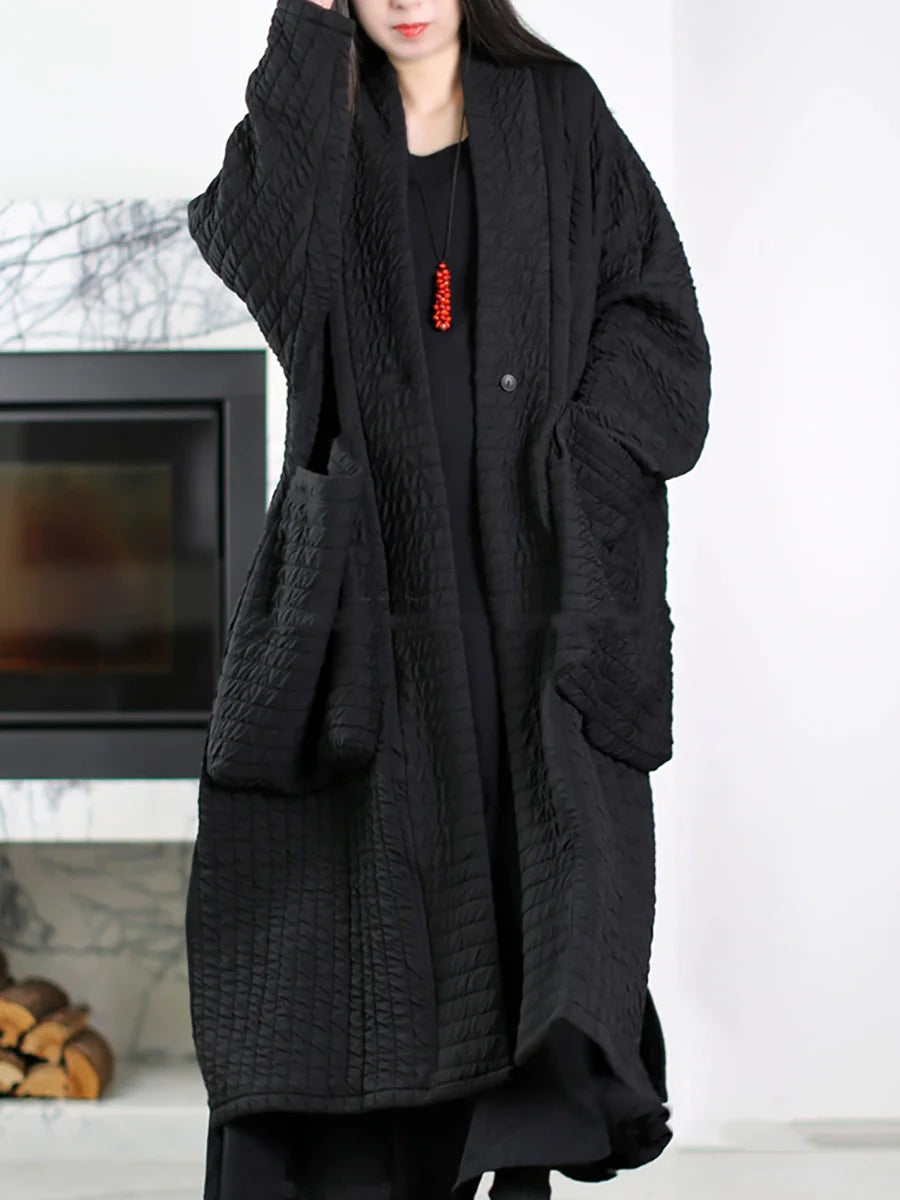 Plus Size Padded Long Coat – V-Neck Minimalist Autumn Layer