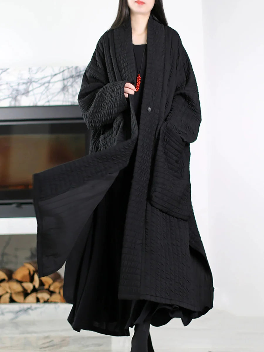 Plus Size Padded Long Coat – V-Neck Minimalist Autumn Layer