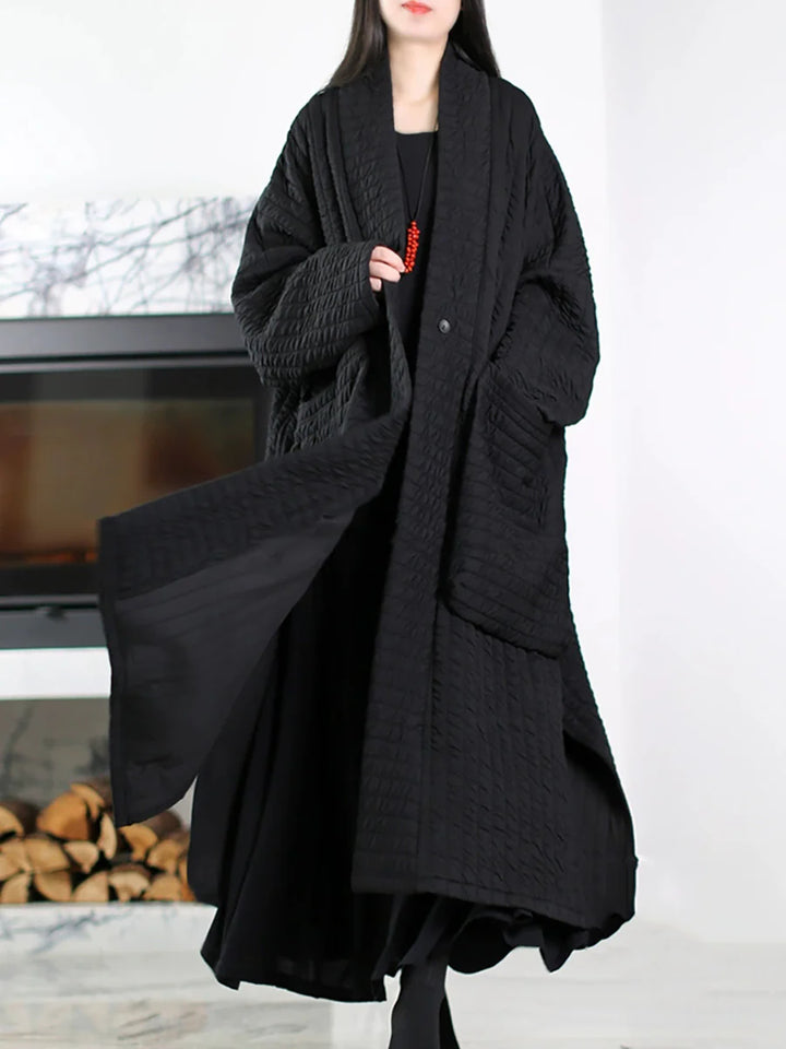 Plus Size Padded Long Coat – V-Neck Minimalist Autumn Layer
