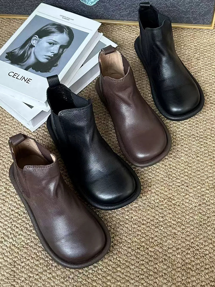Soft Leather Flat Boots – Slip-On Ankle Boots for Women | Comfortable Fall Wear