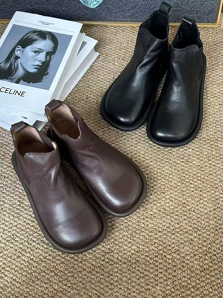 Soft Leather Flat Boots – Slip-On Ankle Boots for Women | Comfortable Fall Wear