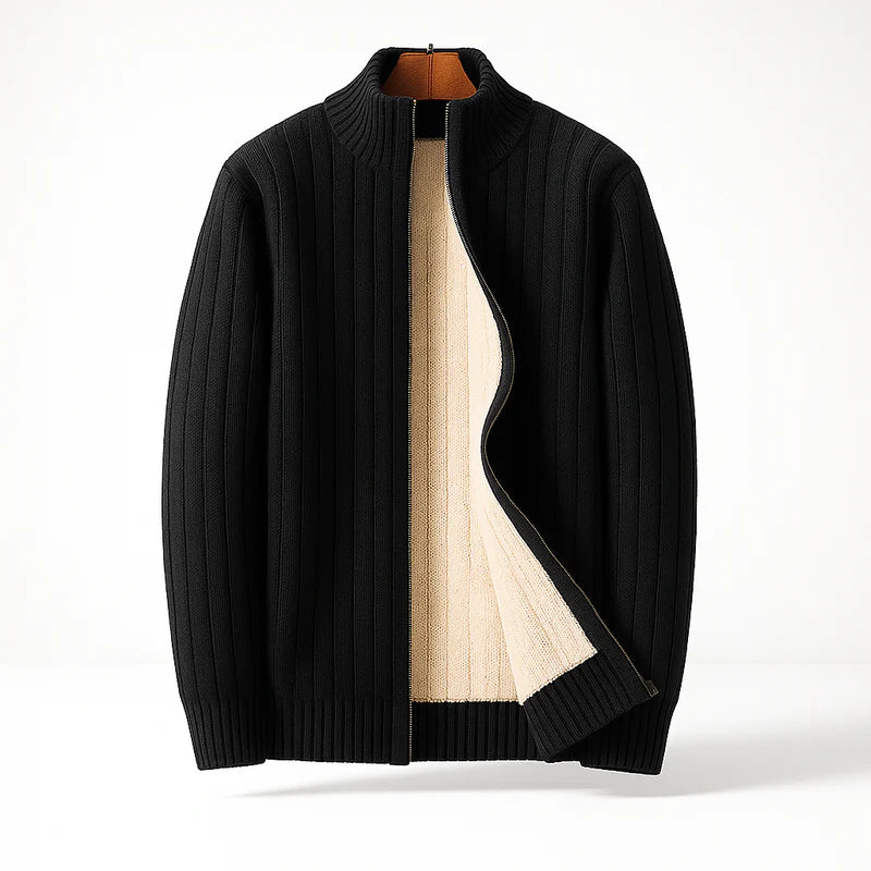 Cashmere-Feel Zip Cardigan – Ribbed Stand Collar Knit Jacket for Men | Warm