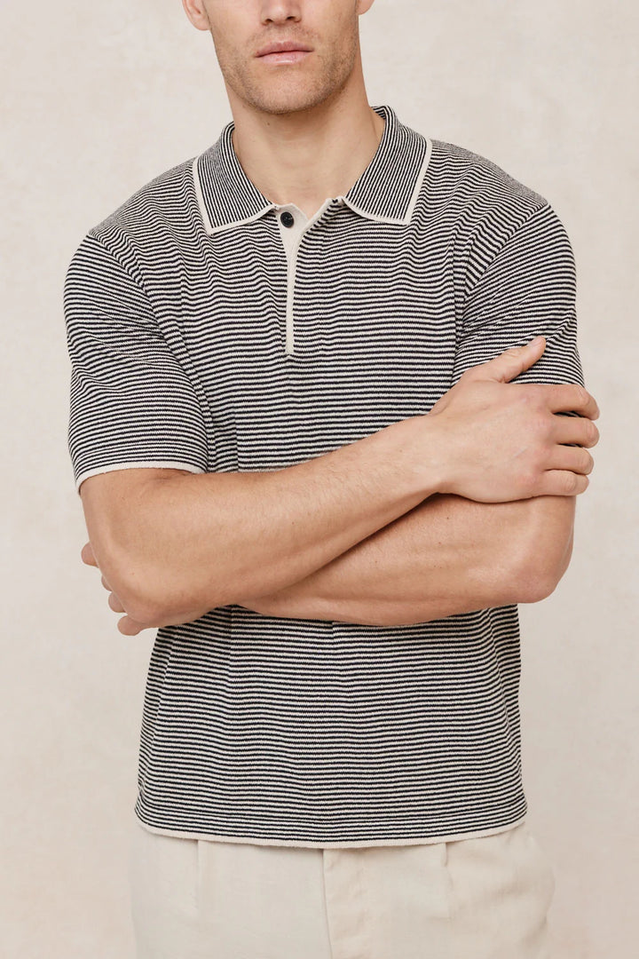 Striped Linen Polo Shirt – Contrast Trim Half Placket Knit Tee