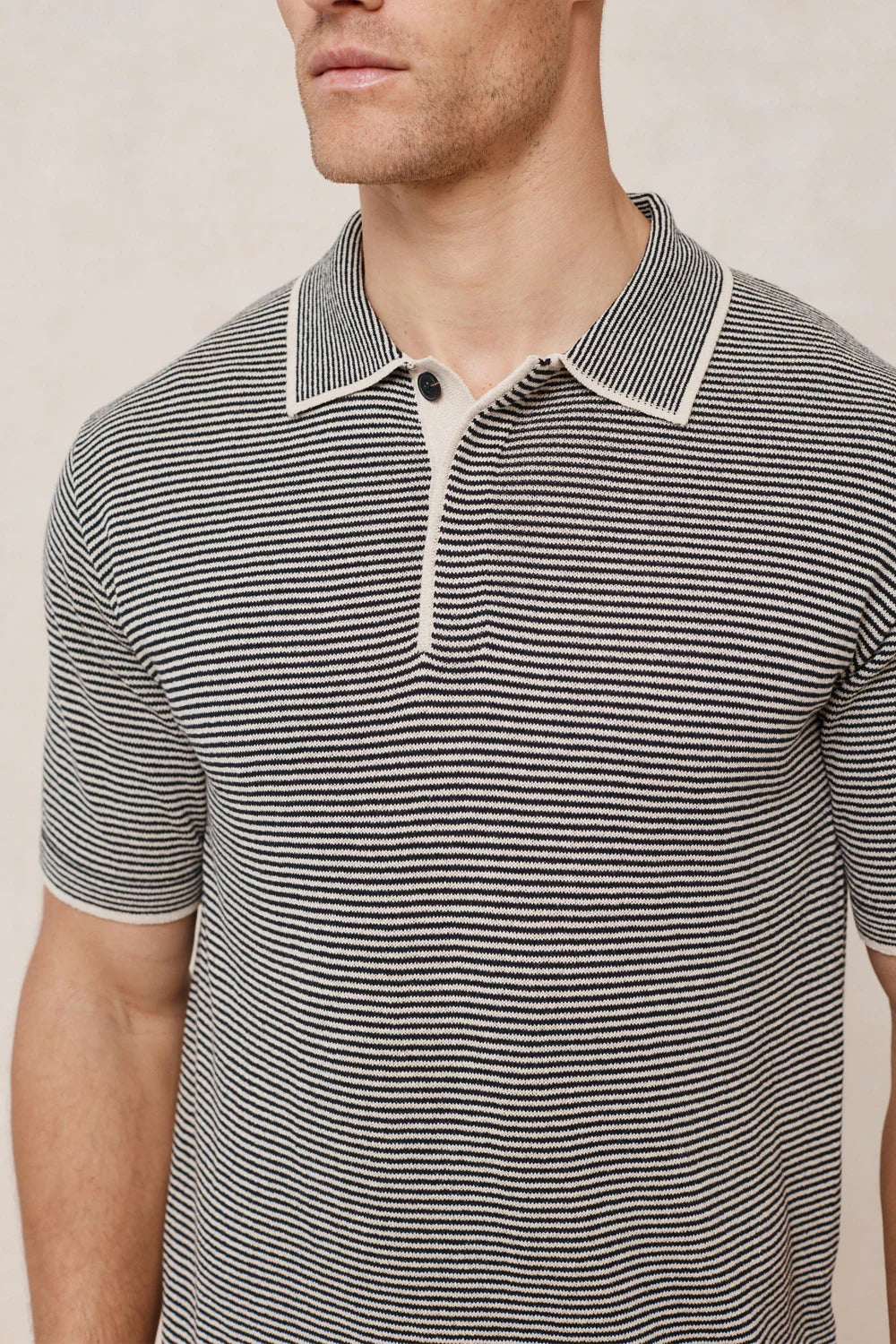 Striped Linen Polo Shirt – Contrast Trim Half Placket Knit Tee