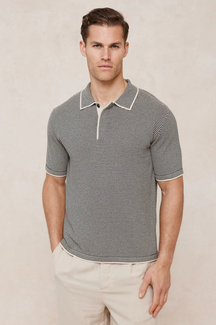 Striped Linen Polo Shirt – Contrast Trim Half Placket Knit Tee