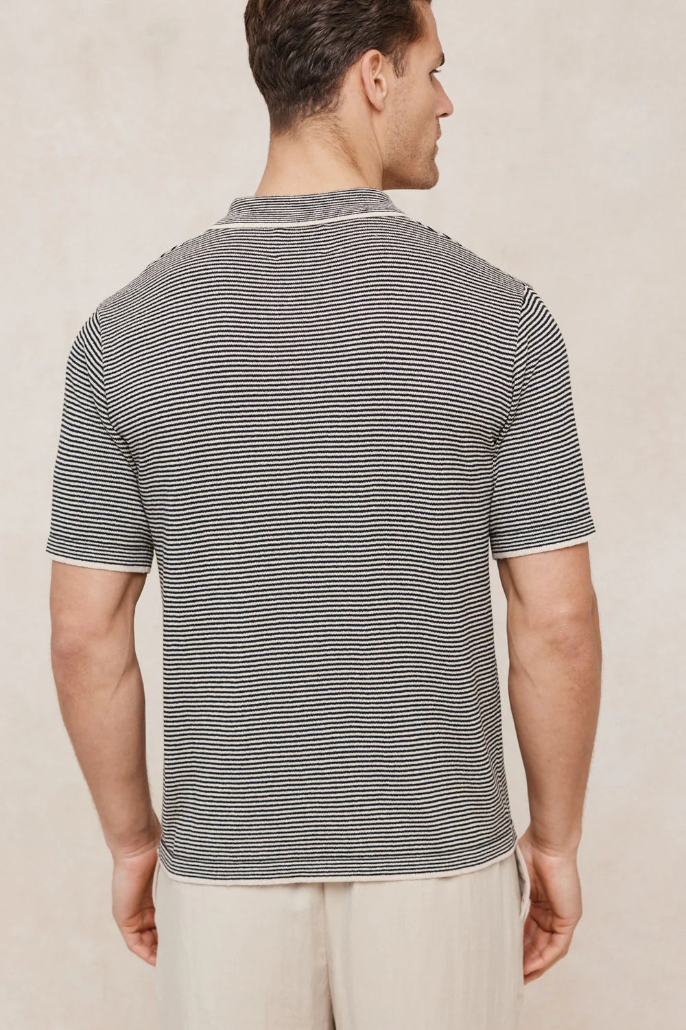 Striped Linen Polo Shirt – Contrast Trim Half Placket Knit Tee