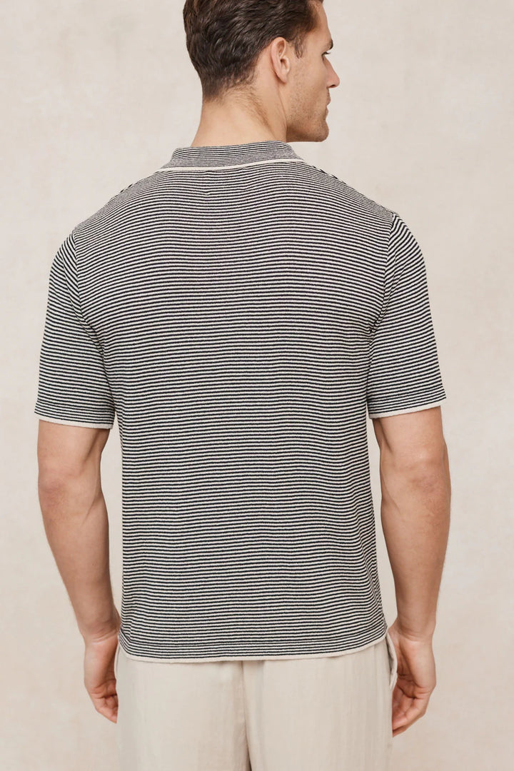 Striped Linen Polo Shirt – Contrast Trim Half Placket Knit Tee