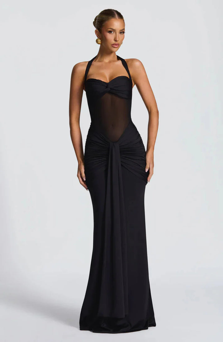 Siren Hourglass Gown – Halter Ruched Maxi Dress for Formal & Night Out Glam