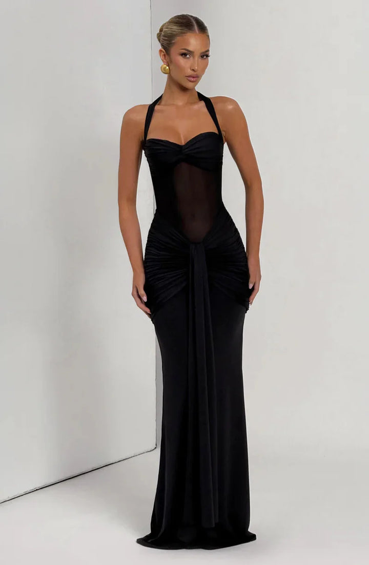 Siren Hourglass Gown – Halter Ruched Maxi Dress for Formal & Night Out Glam