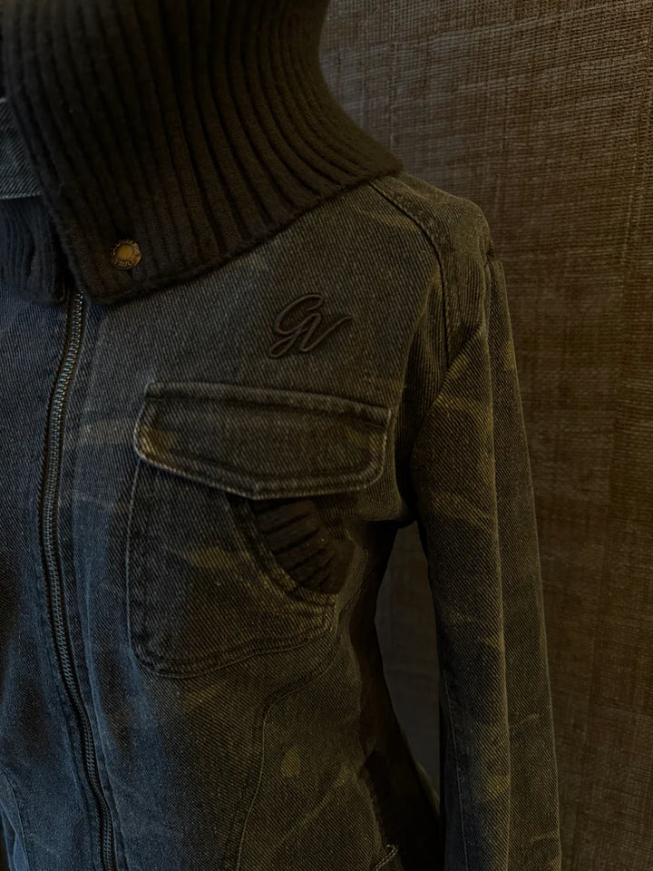 Ribbed Collar Cargo Jacket – 2000s Zip-Up Utility Outerwear with Pockets