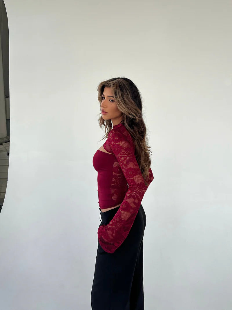 Lace Long Sleeve Top – Cutout Mesh Layered Going Out Shirt | Flattering Fit