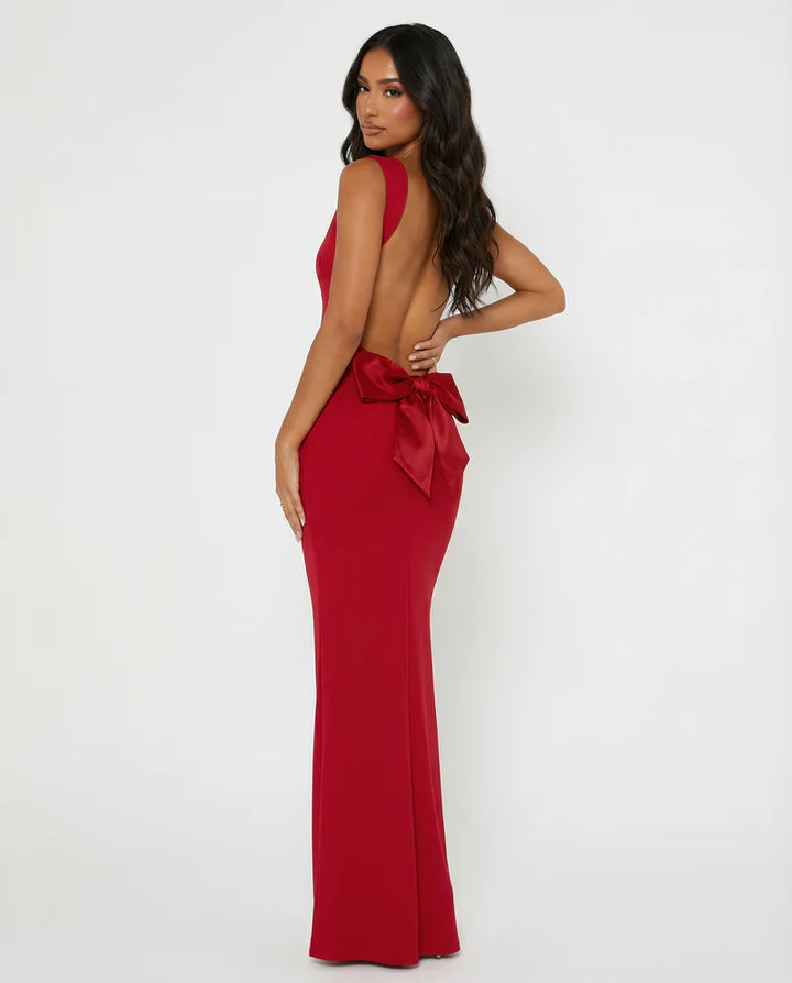 Backless Bow Maxi Dress – Draped Neckline Evening Gown | Elegant Formal Look