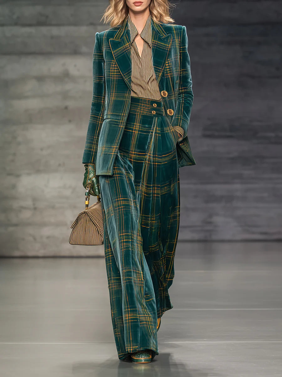Green Plaid Velvet Blazer Set – High Waist Wide Leg Pants Outfit for Women