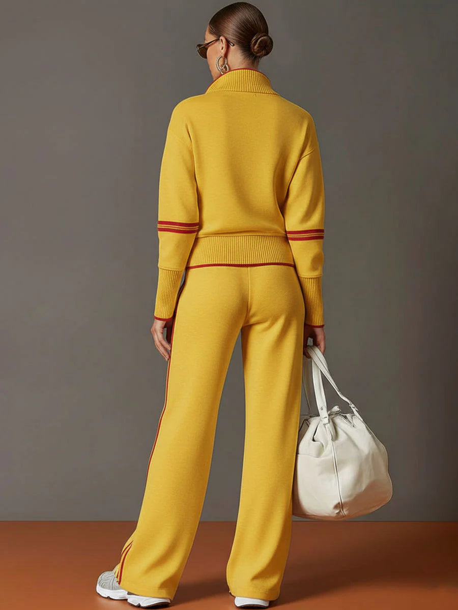 Half-Zip Sweatshirt & Wide-Leg Pants Set – Retro Sporty Webbing Two-Piece