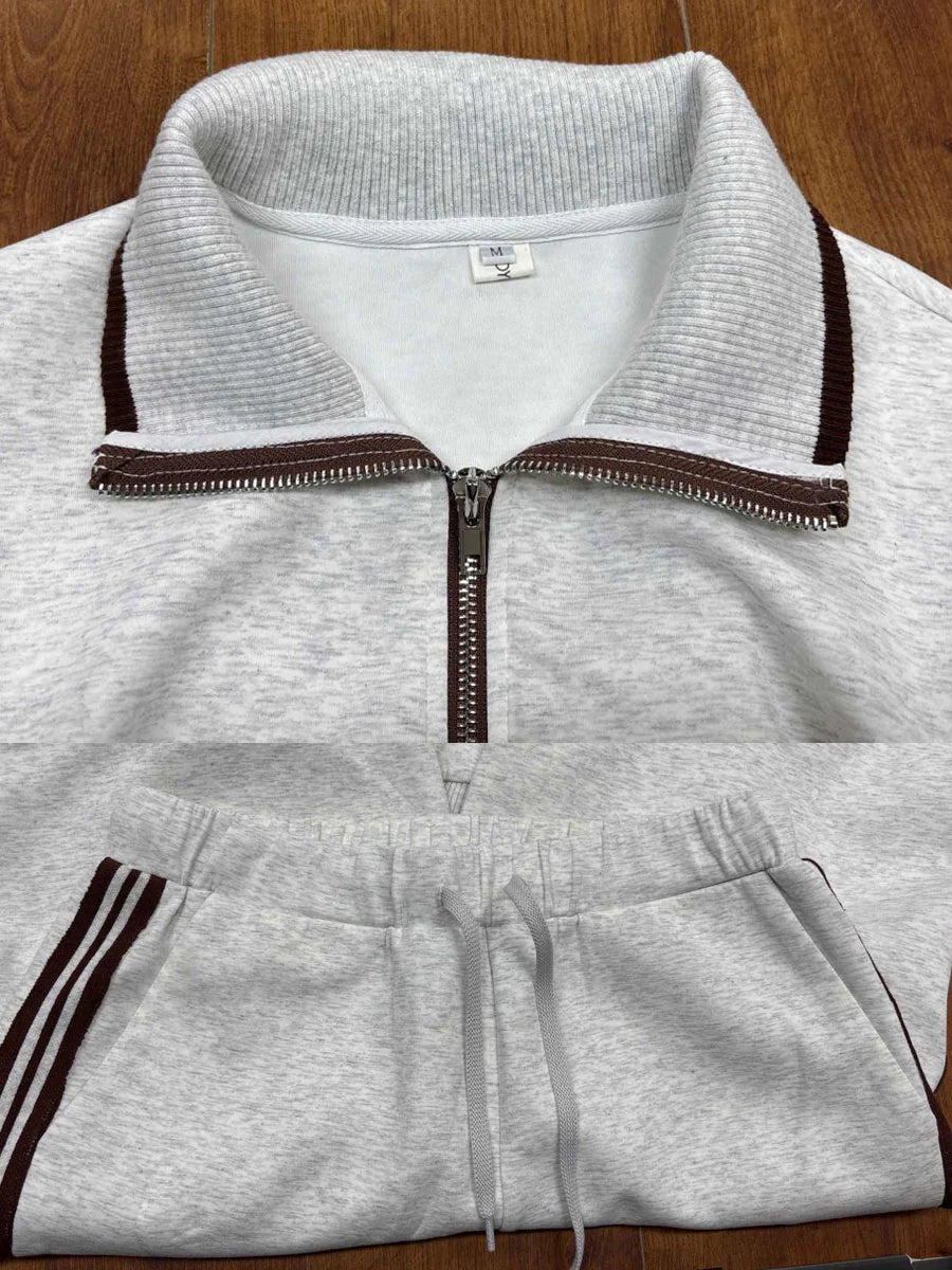 Half-Zip Sweatshirt & Wide-Leg Pants Set – Retro Sporty Webbing Two-Piece