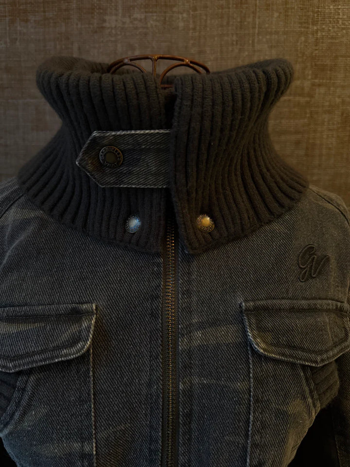 Ribbed Collar Cargo Jacket – 2000s Zip-Up Utility Outerwear with Pockets