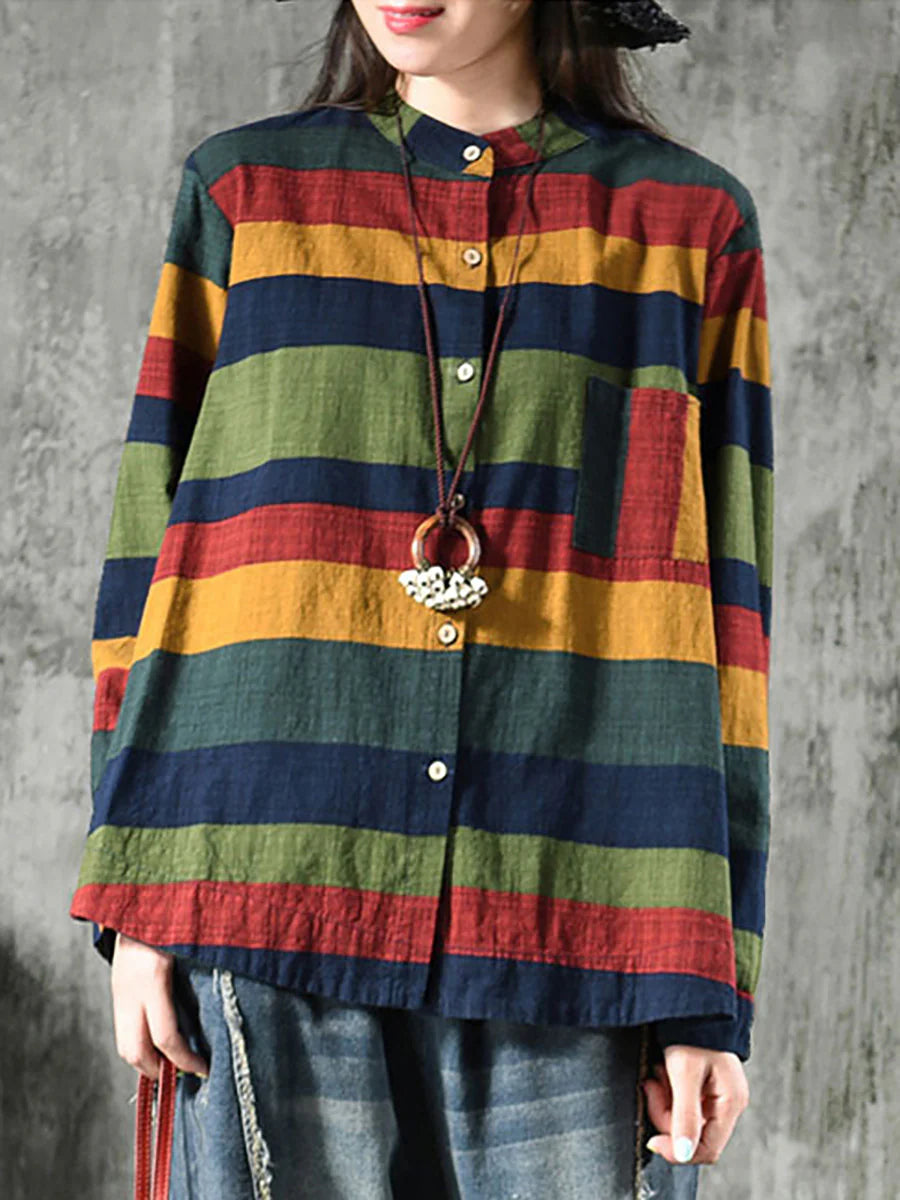 Plus Size Vintage Striped Cotton Shirt – Relaxed Long Sleeve Button-Up Top