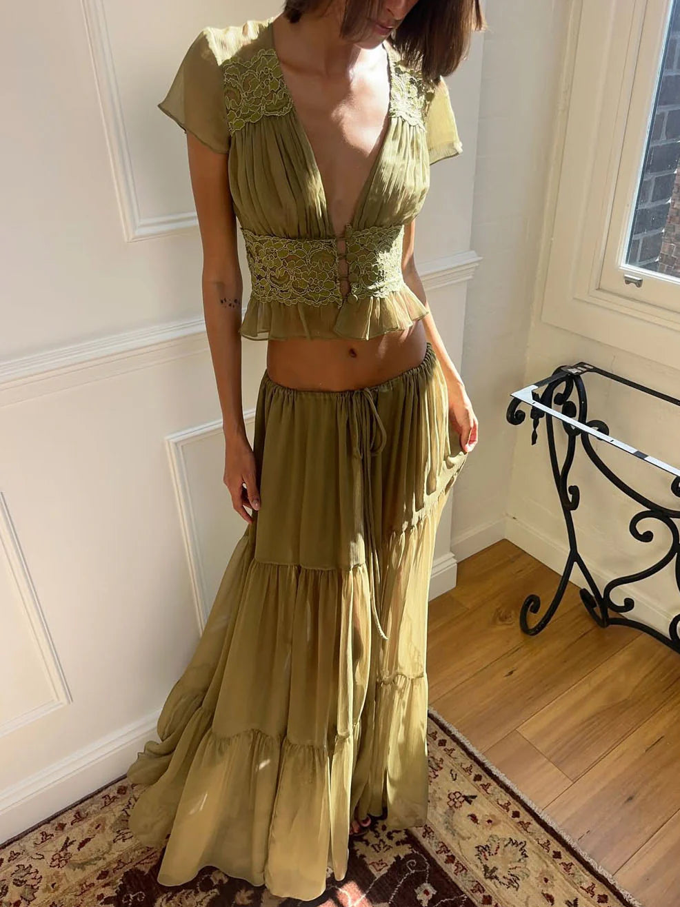 Lace Two Piece Skirt Set – Elegant Crop Top and Flowing Maxi Outfit