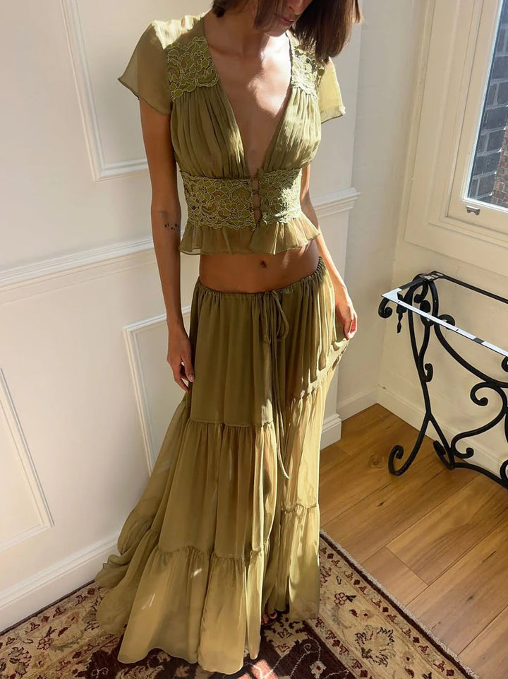Lace Two Piece Skirt Set – Elegant Crop Top and Flowing Maxi Outfit