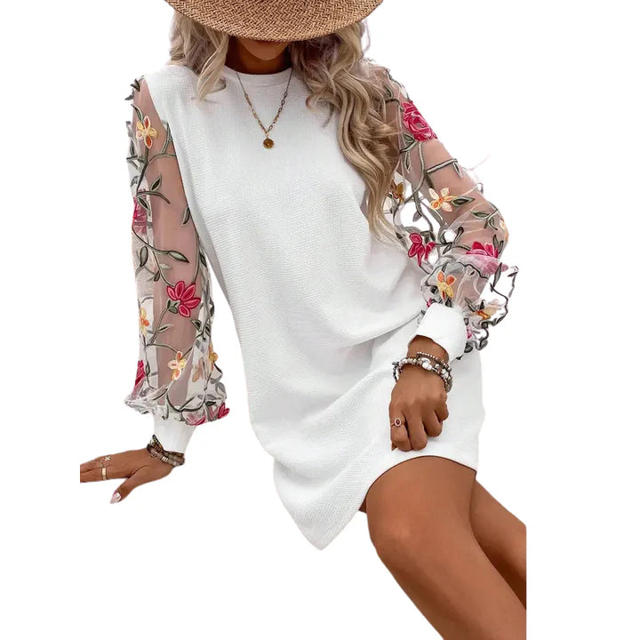 Floral Embroidered Bishop Sleeve Dress – Elegant Sheer Long Sleeve Women’s Dress