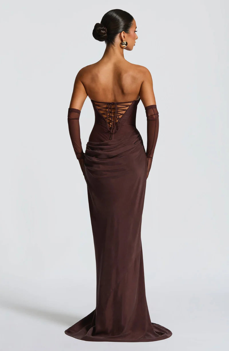 Muse Maxi Dress – Draped Strapless Scarf-Neck Elegant Evening Gown