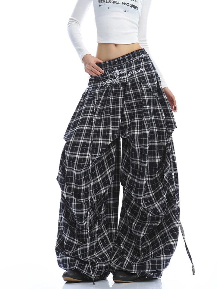 Plaid Wide-Leg Pants – Baggy Streetwear Trousers with Letter Embroidery