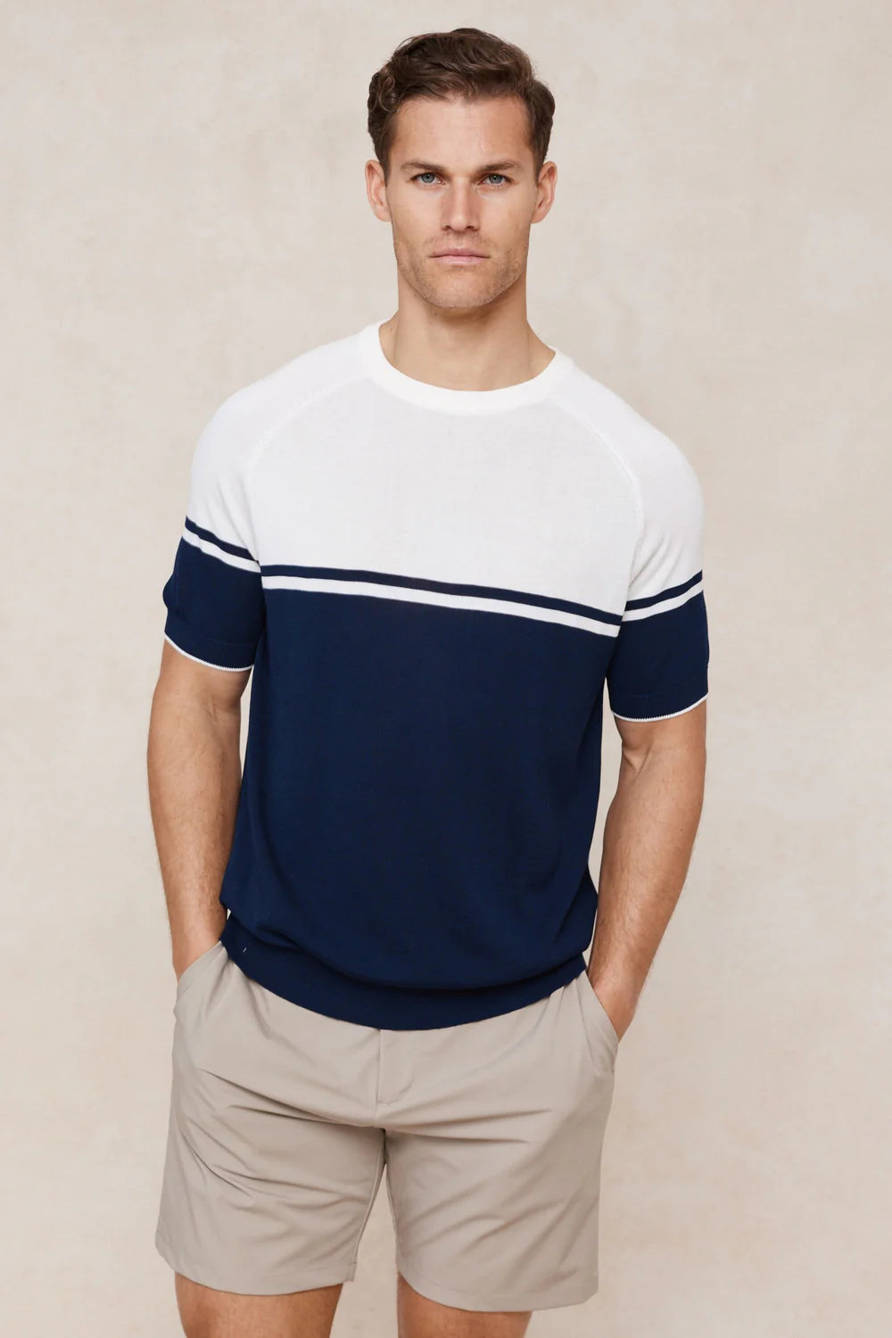 Colour Block Knit T-Shirt – Navy & Ecru Crew Neck Top