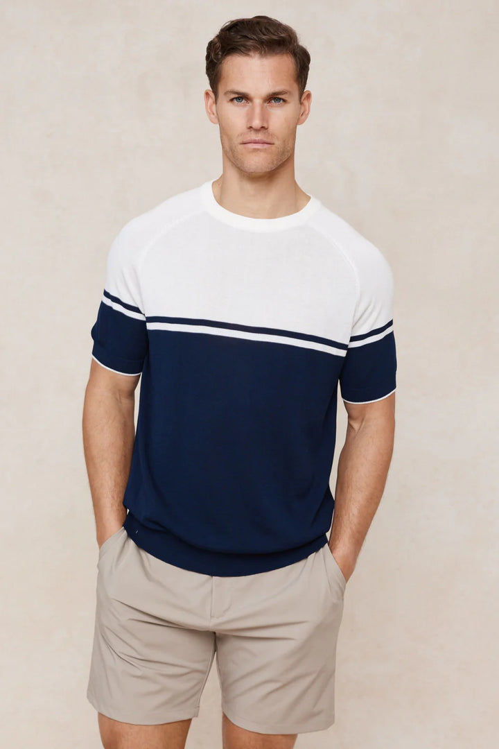 Colour Block Knit T-Shirt – Navy & Ecru Crew Neck Top