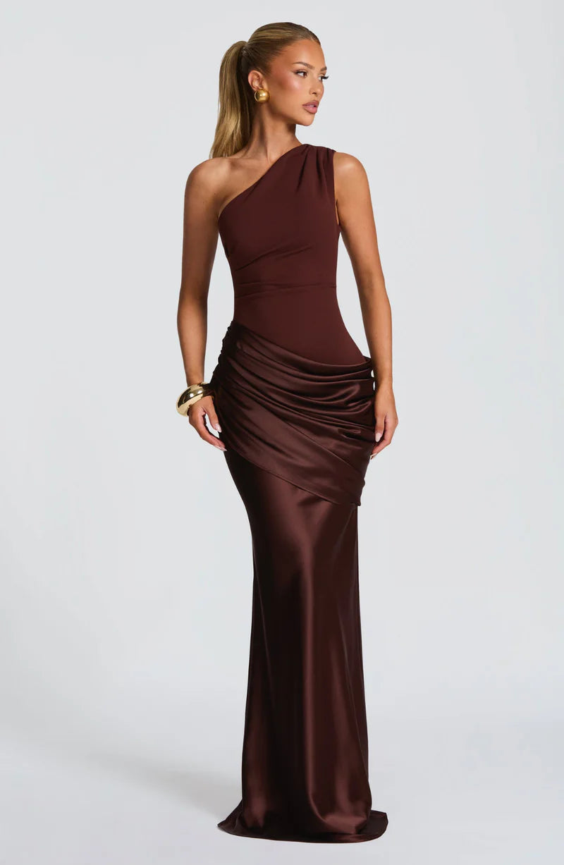 Selene Maxi Dress – One Shoulder Ruched Satin Evening Gown | Elegant Fit