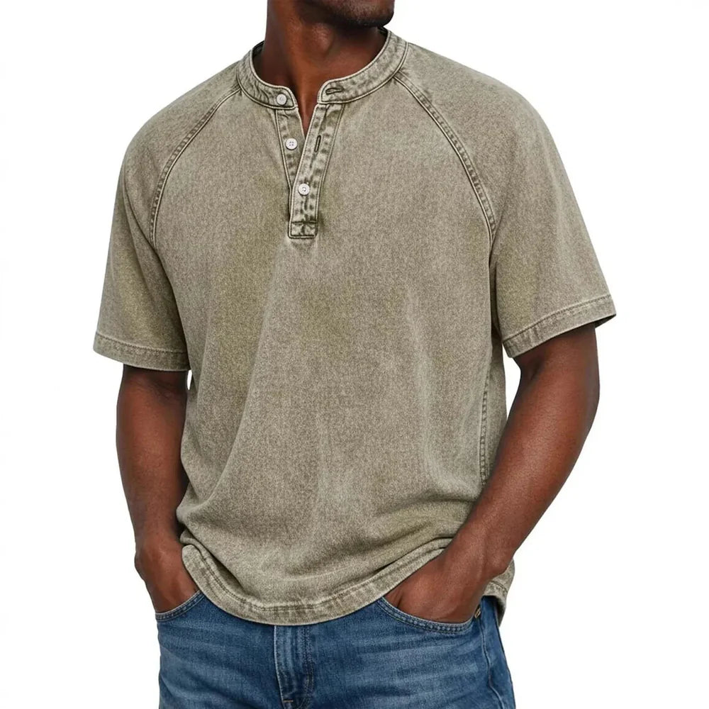 Vintage Wash Henley T-Shirt – Relaxed Fit Casual Summer Tee