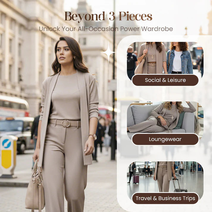 Women’s 3-Piece Lounge Set – Long Cardigan, Top & Wide-Leg Pants