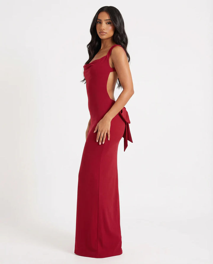 Backless Bow Maxi Dress – Draped Neckline Evening Gown | Elegant Formal Look