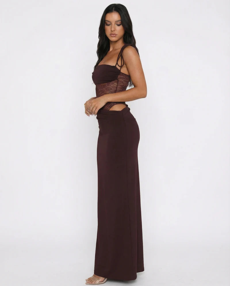 Lace Panel Maxi Dress – Sheer Waist Cutout Bodycon Evening Gown | Elegant Fit