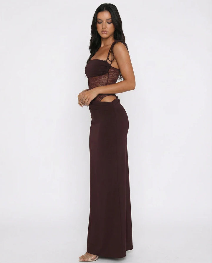 Lace Panel Maxi Dress – Sheer Waist Cutout Bodycon Evening Gown | Elegant Fit