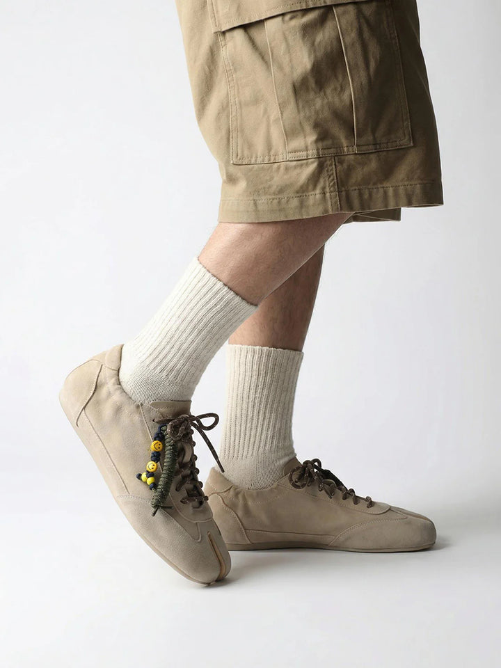 Khaki Suede Tabi Sneakers – Thin-Sole Split-Toe Casual Shoes