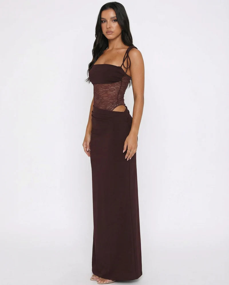 Lace Panel Maxi Dress – Sheer Waist Cutout Bodycon Evening Gown | Elegant Fit