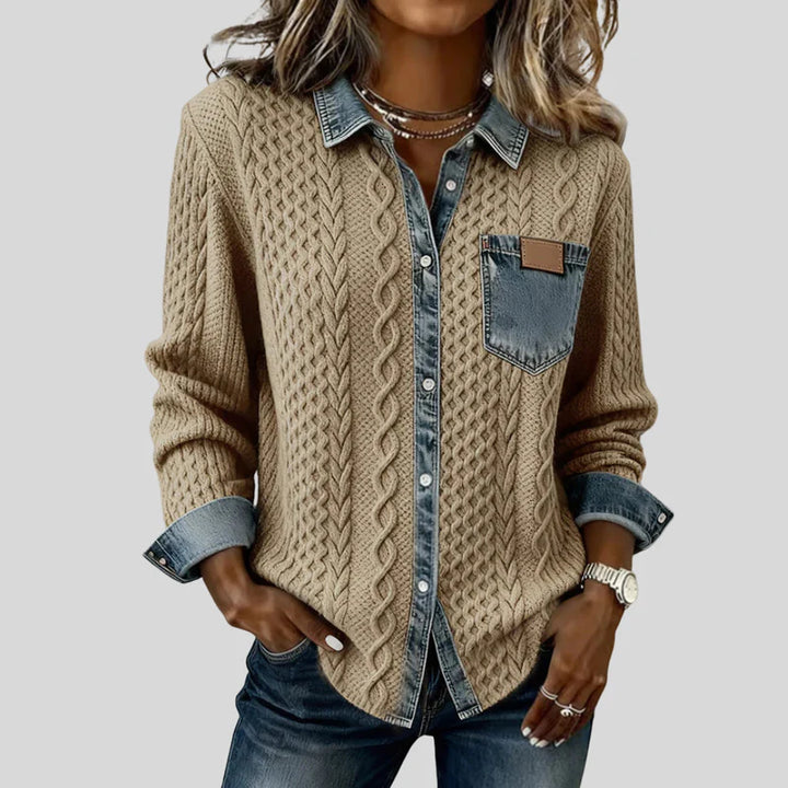 Denim Patchwork Shirt – Cable Knit Button-Up Casual Top for Everyday Wear