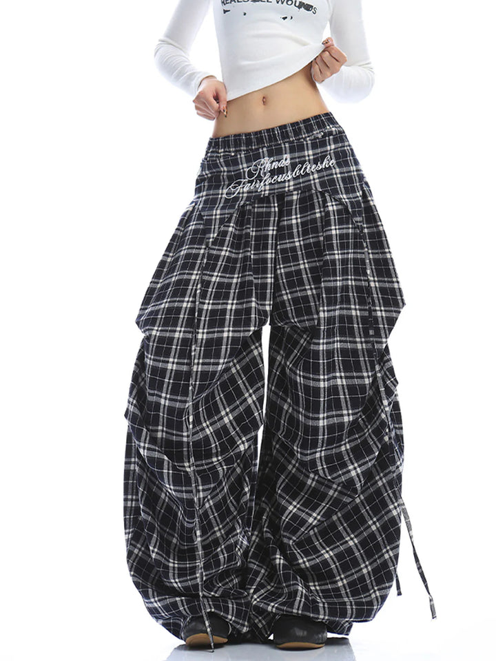 Plaid Wide-Leg Pants – Baggy Streetwear Trousers with Letter Embroidery