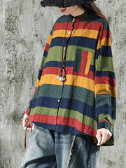 Plus Size Vintage Striped Cotton Shirt – Relaxed Long Sleeve Button-Up Top
