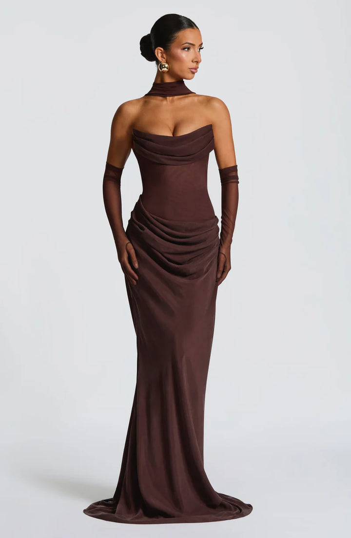 Muse Maxi Dress – Draped Strapless Scarf-Neck Elegant Evening Gown
