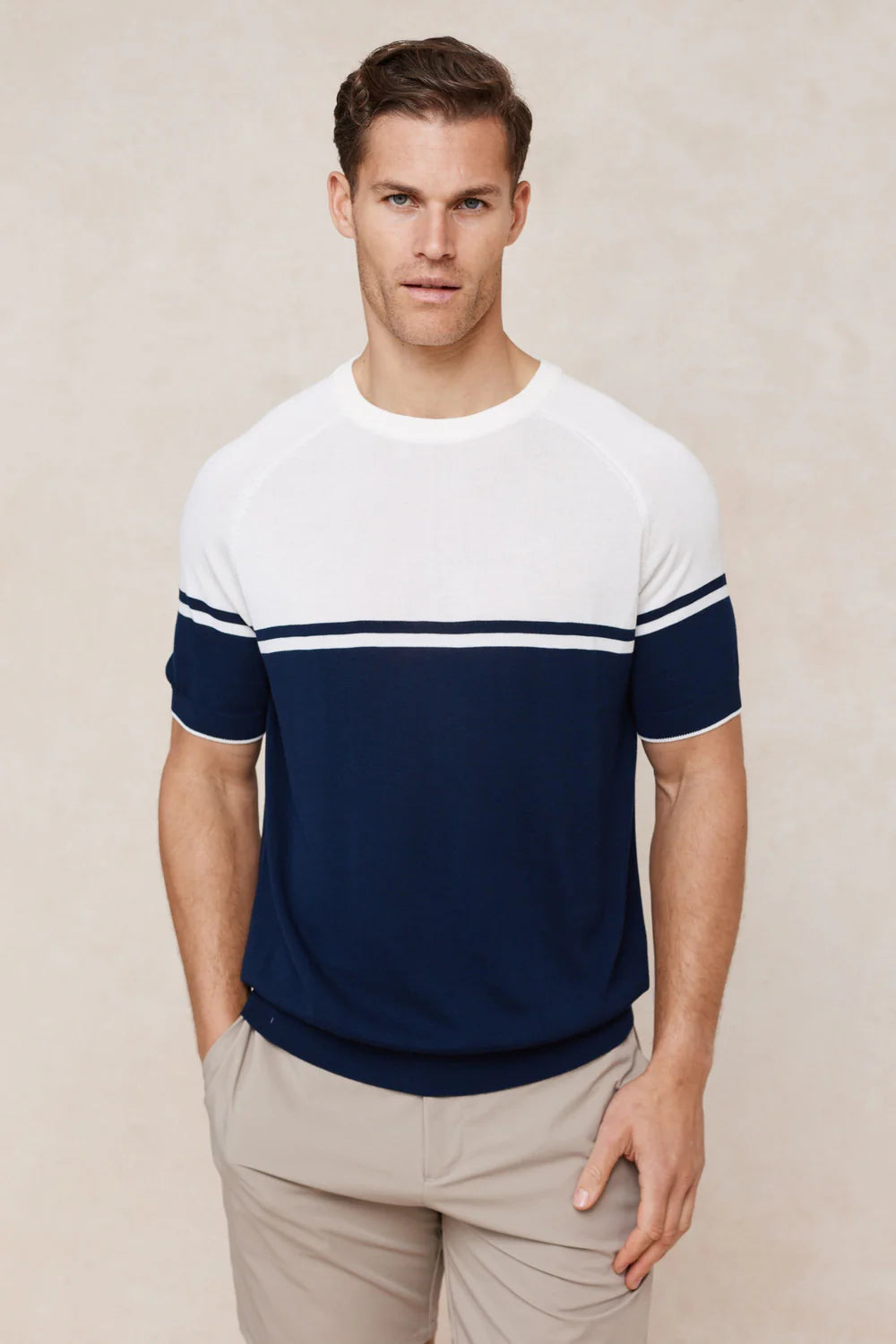 Colour Block Knit T-Shirt – Navy & Ecru Crew Neck Top