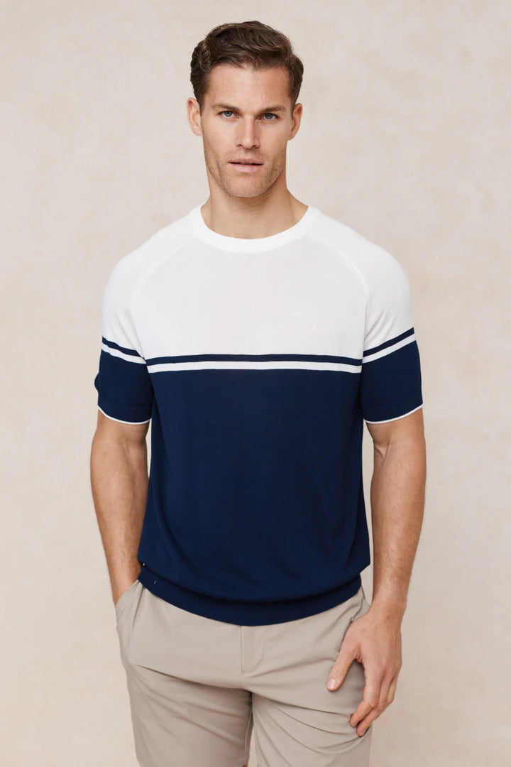 Colour Block Knit T-Shirt – Navy & Ecru Crew Neck Top