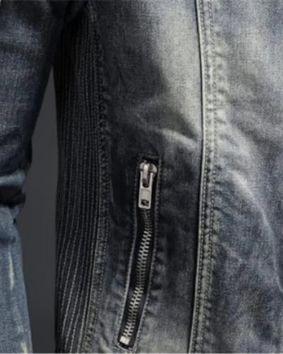 Denim Jacket – Vintage Washed Slim Fit Biker Style Casual Outerwear