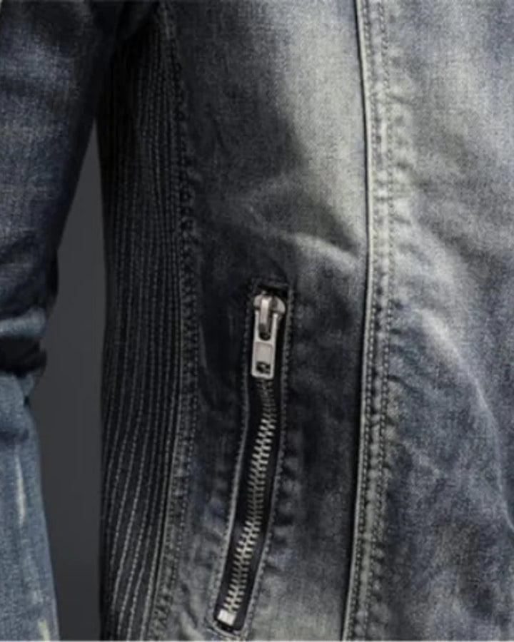 Denim Jacket – Vintage Washed Slim Fit Biker Style Casual Outerwear