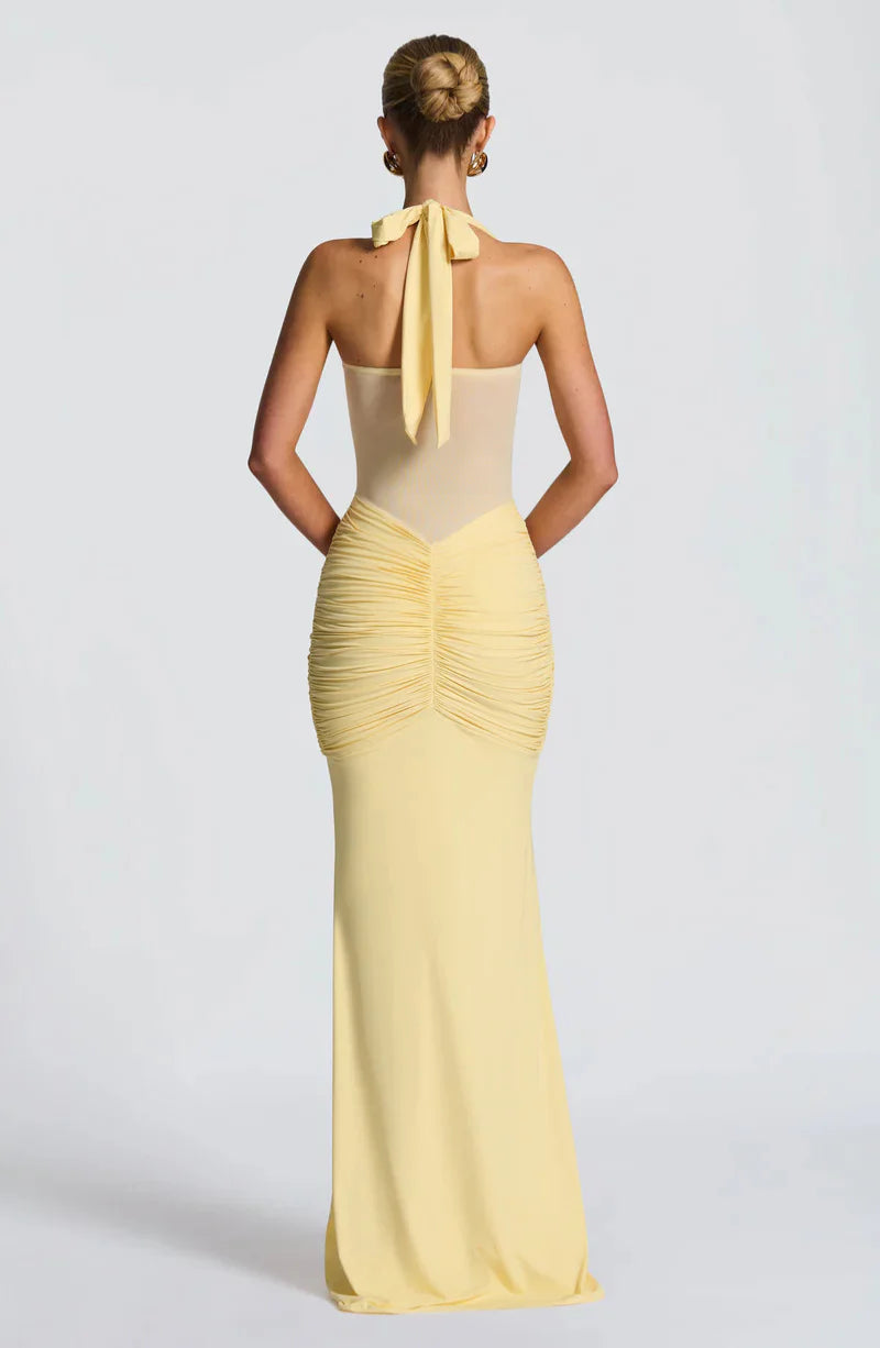 Siren Hourglass Gown – Halter Ruched Maxi Dress for Formal & Night Out Glam