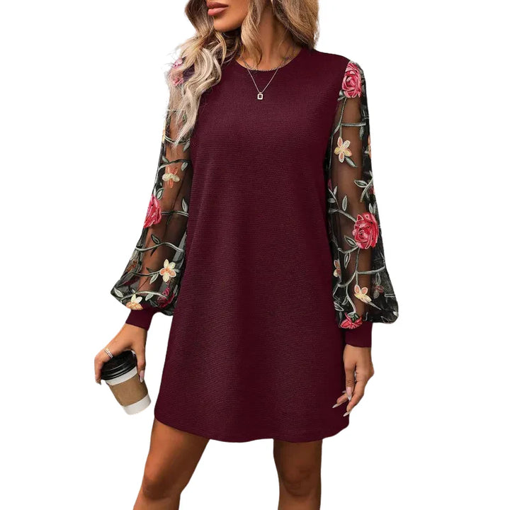 Floral Embroidered Bishop Sleeve Dress – Elegant Sheer Long Sleeve Women’s Dress
